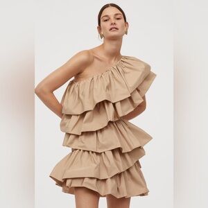 H&M One-Shoulder Ruffled Mini Dress in Beige